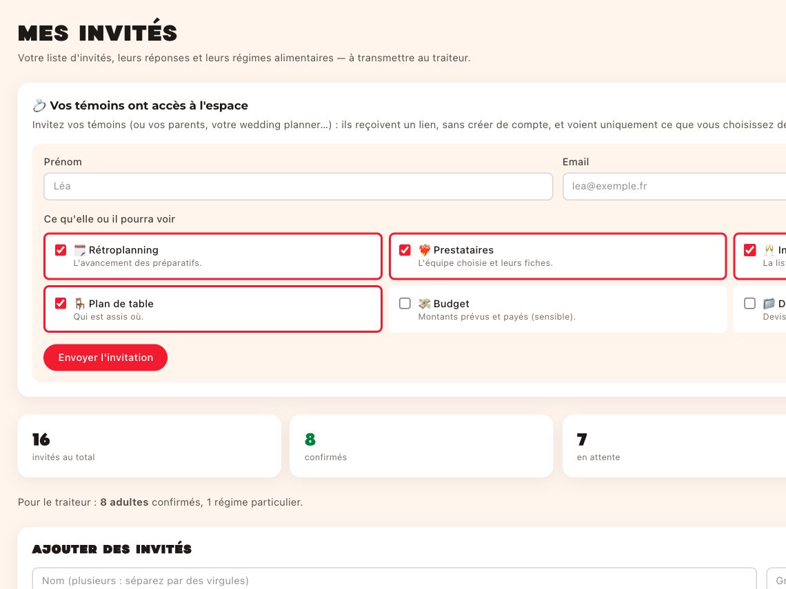 La liste des invités et l'invitation des témoins